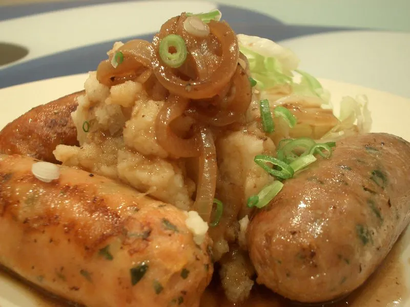 Quick Bangers and Mash with Cabbage & Onion Gravy